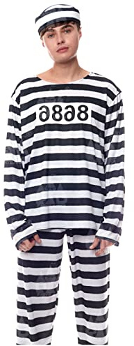 Tradineur - Disfraz de presidiario, fibra sintética, rayas, incluye gorro, preso, cárcel, carnaval, halloween, cosplay, fiestas, adulto unisex