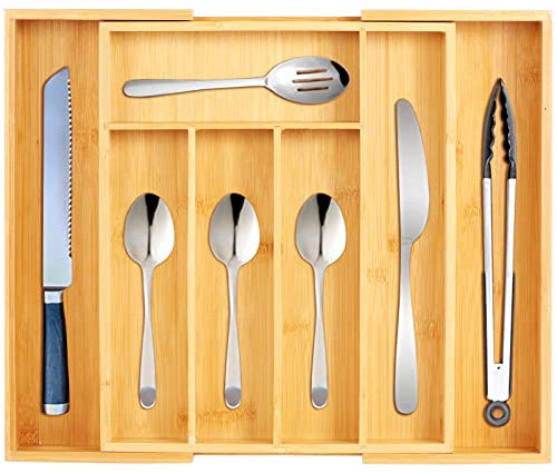 Faankiton Rangement Couverts Tiroir Cuisine avec 5 à 7 Compartiments，Plateau à Couverts en Bambou，Dimensions D'extension Maximale : 41 cm x 34 cm x 5 cm (L x l x H)