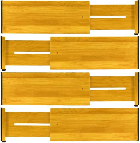 Schubladentrenner aus natürlichem Bambus Schubladenteiler Verstellbar (43-56 cm), gefedert Schubladen Ordnungssystem Drawer Organizer für Küche, Badezimmer, Schlafzimmer, Kommode und Büro, 4er-Set