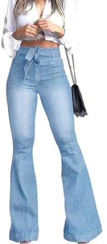 KDF High Waisted Flare Jeans for Women Bell Bottom Jeans with Belt for Women Stretch Wide Leg Jeans