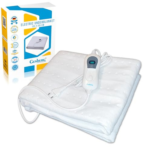 GESBERG Heizdecke mit 90 minutach Abschaltautomatik - Elektrisches Heizkissen mit 3 Heizstufen Für Bett und Sofa - Wärmedecke - Wärmeunterbett 60W, 150 x 80 cm - Heizdecken Waschbar, Weiß