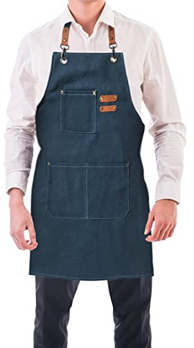 BOOWEN Delantal de Cocina Ajustable Mandiles Lona de Algodón con 3 Bolsillos Grandes Mandil Hombre Resistente al Agua y Antimanchas Delantales para Jardín, Taller, Trabajo (Azul marino)