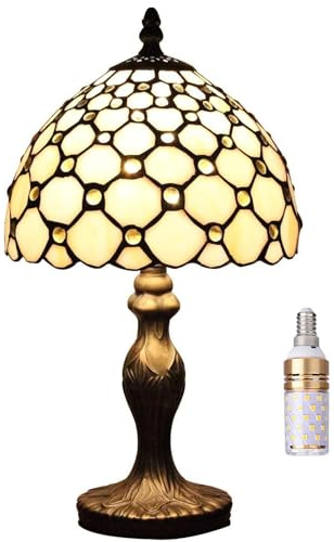 Kinbolas Tiffany-Style 8 Pouces Lampe De Table Vitrail Perles Abat-Jour Petite Lampe De Chevet Lecture Antique Lampe De Bureau Salon Chambre Bureau Vintage Art Déco Victorien