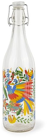 Excelsa Mexican Flowers Bottiglia Acqua, 1 Litro, Vetro, con Guarnizione