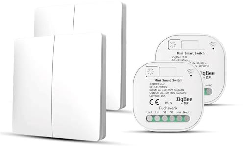 Funkschalter Set - ZigBee+RF Funk und Wandschalter Lichtschalter mit Empfänger - 30M Reichweite Drahtlos Kinetischer Batterieloser neu | 2-Kanal/2-2er-Schalter