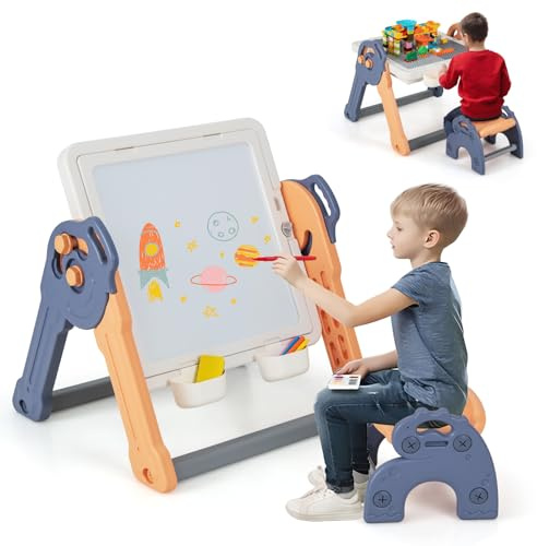 COSTWAY 6 in 1 Kindertisch mit Stuhl klappbar, Spieltisch + Staffelei mit doppelseitiger & Abnehmbarer Tischplatte, 102 Bausteine, Stauraum, Aktivitätstisch Lerntisch für Kinder ab 3 Jahren