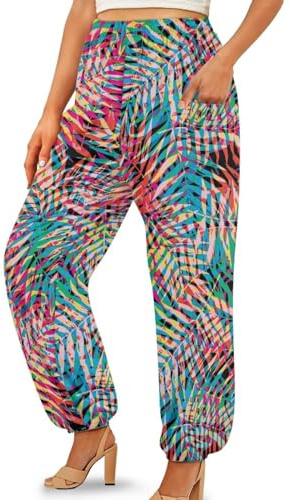 Suobstales Palm Leaf Print Casual Harem Pants for Women Girls Ladies Elastic Yoga Pants with Pockets Baggy Loose Sweatpants Boho Tai Chi Pilate Pants, Size XL