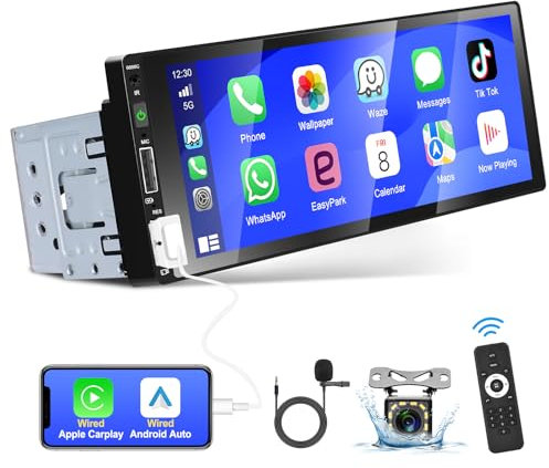 Autoradio Podofo 1 DIN avec Carplay Android Auto, écran Tactile HD 6,86 Pouces, Bluetooth 5.0/ Rétroéclairage Coloré/FM/égaliseur/AUX/USB, Carte TF + Caméra de Recul