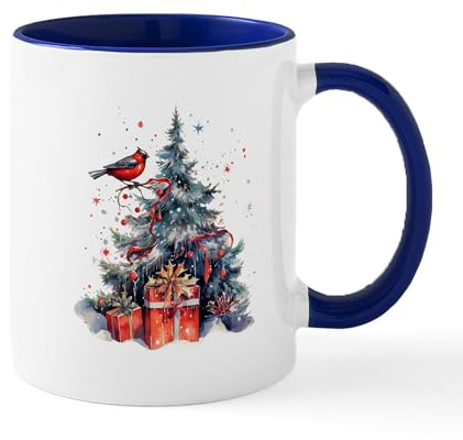 CafePress Christmas Tree And Red Robin Watercolors Mugs 11 oz (325 ml) Ceramic Coffee Mug