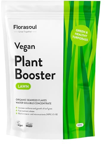 Florasoul® Engrais Gazon Organique Vegan pour Pelouse Verte et Vitale, Écologique, Durable et Efficace, Soins de Pelouse Organiques Sans Danger pour les Animaux, Soluble dans l'Eau 500g/350l/800m²