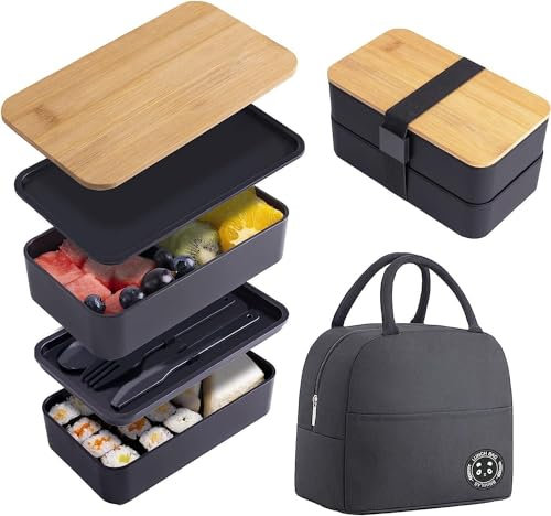 Fiambrera Escalonada - Caja Bento Japonesa - Con Tapa De Bambú - Fiambrera Bento Para Adultos, Apta Para Microondas Y Lavavajillas, Incluye Cubiertos (Black)