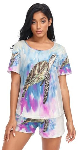 HMZXZ Damen Schlafanzug-Set Meer Schildkröte Kunst Sommer Pyjama Woman Set,Muschel Loungewear und Shorts Lounge Set Sleepwear Nachtwäsche