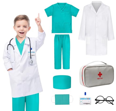 Mineup Costume da medico per bambini, con stetoscopio per bambini, accessori per giochi di ruolo, costume di carnevale, regalo per ragazzi e ragazze