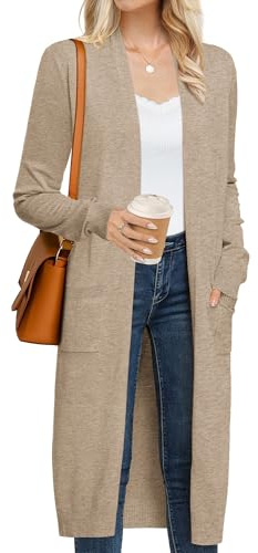 Grace Karin Women's 2026 Trendy Long Cardigans Sweater Lightweight Open Front Long Sleeve Maxi Duster Coats with Pockets, Khaki, L