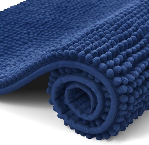 OLANLY Chenille Badematte rutschfest Badezimmerteppich, 40x60 cm | Waschbar Badteppich Badvorleger Saugfähige Duschvorleger Badezimmer Deko, Marine Blau