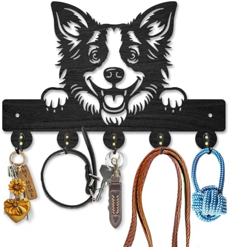 MAYJOYDIY Schlüsselhalter Aus Holz Mit Border Collie Motiv An Der Wand Montierte Schlüsselhaken 30 × 20cm Kleiderbügelleiste Mit 5 Haken Aus Legierung Für Eingangsbereich Haustür Küche Bürodekoration