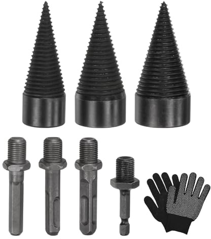 M METERXITY 3-Pack Wood Splitter Drill Bit 32mm+38mm+42mm with Gloves | Black+Grey, 4 Handles, Square+Round+Hex Shank+Small Hex, for Outdoor/Stove/Farm