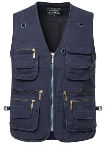 KTWOLEN Gilet de Pêche pour Homme Multi-Poches Coton Gilet de Photographe Veste sans Manches de Chasse Journaliste, Bleu, XXL