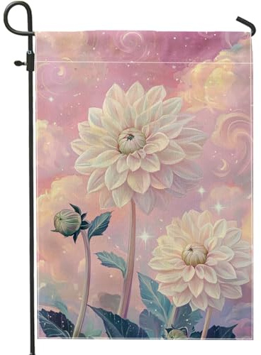 Frühlingssommer-Gartenflagge, elegante weiße Dahlie-Blumen, pastellfarben, dekoratives Gartenbanner, doppelseitiges Kunstwerk, Hofflagge, Outdoor-Rasendekoration, 30,5 x 45,7 cm