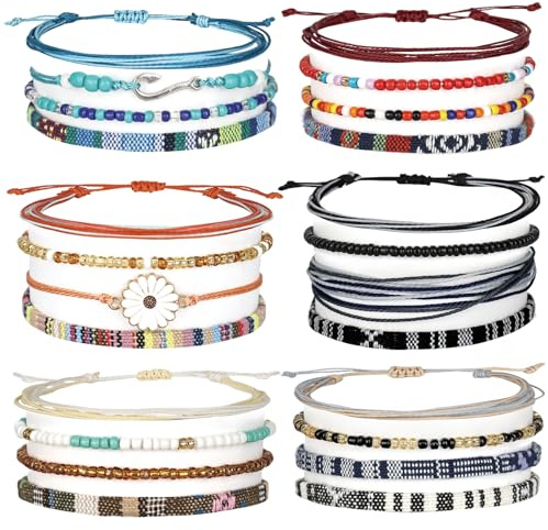 elthmpr Surfer Armband Böhmische Gewebte Armbänder - 24 Stück Verstellbar Freundschaftsarmbänder für Damen Herren Bunt Stoffarmband Handgefertigt Multilayer Stapelbar Armband Set Handgelenk Fußkettche