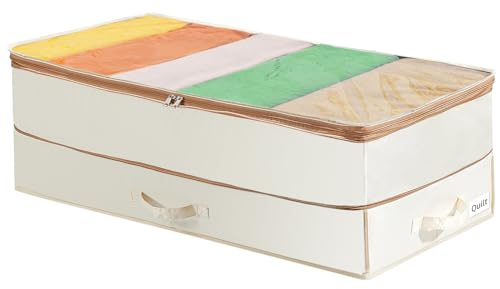 JUBOORI 2 Lagige 96L Unterbett Aufbewahrungsbox, Unterbettkommode mit Sichtfenster, Faltbare Bettkasten Aufbewahrung für Bettdecken, Kleidung, Unterbett-Kleiderschrank，Beige