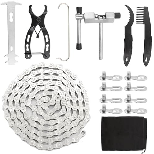 KASURE 6/7/8 Speed Mountain Bike Chain Repair Tool Kit – 116 Links Bike Chain (1/2×3/32) with Chain Breaker, Link Plier, Cutter & Inspection Gauge, for Mountain/Road/Racing/Folding Bikes