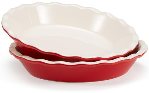 KooK Pie Pan, Ceramic Reusable Round Pie Dish, Quiche Baking Dish, Deep, Wave Edge, For Cakes, Tart, Casseroles, Tarts, Microwave, Oven and Dishwasher Safe, 9-Inch, 36 oz, Set of 2, Cherry