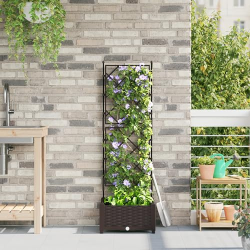 QJBSAVVA Fioriera da Giardino con Traliccio 40x40x125 cm Marrone Effetto Vimini per Piante Rampicanti, Fioriera Rialzata Quadrata in Plastica per Interni Balcone ed Esterno Giardino