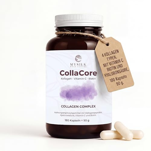 MySilkRoadNature CollaCore Kollagen Kapseln mit Vitamin C, Biotin & Hyaluronsäure, Kollagenpeptide Typ I, II, III & V, zuckerfrei, 180 Kapseln Collagen Nahrungsergänzungsmittel