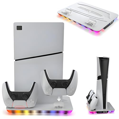 Supporto Verticale Raffreddamento PS5/Slim/Pro,Base di Ricarica Joystick PS5 Staffa a Parete con Doppio Caricatore Controller Stazione Ventola a 3 velocità Regolabile Luce RGB Multimodale Bianco