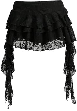 GORGLITTER Women's Lace A Line Tiered Ruffle Mini Skirt Low Elastic Waist Ruffle Trim Flowy Concert Outfits Black Medium