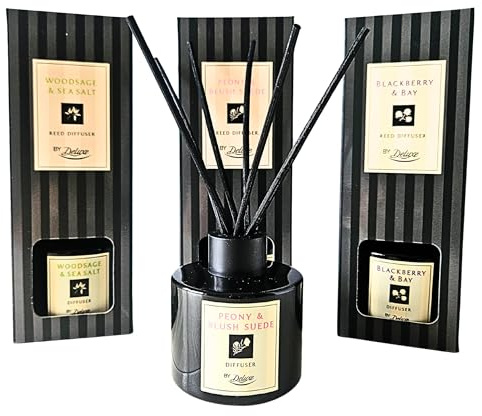 Deluxe Luxury Reed Diffuser Gift Set – 3 x 100ml | Peony & Blush Suede, Blackberry & Bay, Wood Sage & Sea Salt | Long Lasting Home Fragrance | Aromatherapy Gift for Housewarming & Weddings