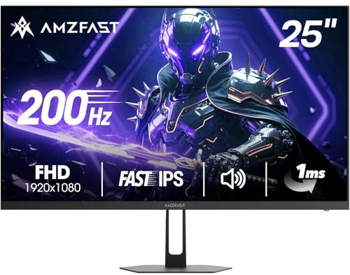 Amzfast 25 Inch Gaming Monitor,1920x1080 Full HD, 200Hz, Fast IPS Panel, Built-in Speaker, 1ms MPRT, Adaptive-Sync, DCI-P3 95%,sRGB 124%, Slim Stand, VESA 75x75, HDMI 2.0&DP 1.4, AMZG25X1