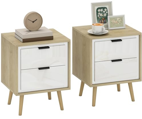 HOMCOM Juego de 2 Mesitas de Noche Modernas, Mesillas de Noche con 2 Cajones con Deslizamiento Silencioso, Patas de Madera, para Dormitorio, Salón, 40x35x50 cm, Blanco Brillo y Roble