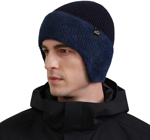QUALTRIXIAN Vinter termisk stickad mössa hattar för män varm stickad mössa med öronklaffar hattar för utomhusaktiviteter gåvor för/män/henne/honom/pappa, marinblå, one size