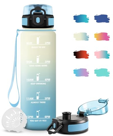 JAPORIA Bouteille Sport 1L, Gourde Motivation Étanche, Bouteille d'eau avec Marqueur de Temps, sans BPA, Gourde Sport avec Filtre pour Yoga, l'école, Camping, Bureau, Fitness