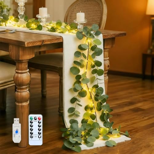 Gresonic 180cm Eukalyptus Lichterkette, Lichtergirlande mit 100 LEDs, USB-betrieben, Dimmbar & Timer, 8 Funktionen, Fernbedienung, Künstliche Eukalyptusblätter für Innen- und Außen Dekoration