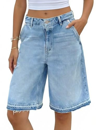Tankaneo Women Baggy Bermuda Jean Shorts High Waisted Wide Leg Raw Hem Denim Shorts Summer Casual Y2k Jorts