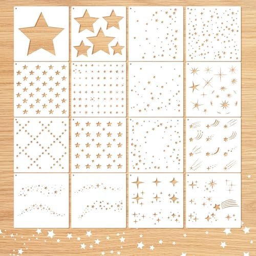 MWOOT Pochoirs d'étoiles pour la peinture, 16 pochoirs réutilisables pour l'artisanat, modèles de dessin d'étoiles DIY pour la peinture sur bois, toile, scrapbook, mur, tissu, décoration intérieure