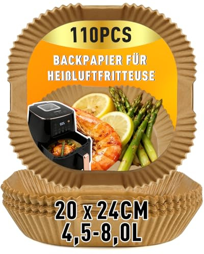 MRUN BONE 110 Stück Backpapier für Heißluftfritteuse 4,5L-8L, 20-24cm Airfryer Backpapier Pergamentpapier Liner Kompatibel mit Philips Russell Tefal COSORI Midea XL XXL Airfryer