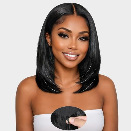 Layered Cut Straight Bob Wig Human Hair,9x6 Glueless Wig Human Hair with Drawstring Pre Cut Pre Plucked Echthaar Perücke Lace Front Wigs Ready to Wear Straight Bob Perücke Damen Echthaar 12 Zoll