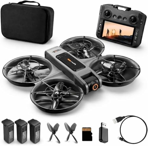 RC Drohne mit HD Dual Kamera, Display Fernbedienung, Brushless Motor, 90° Kamera, FPV Livebild, Optical Flow, 360° Flip, LED, für Anfänger und Kinder (Schwarz, Akkus: 3 St.)