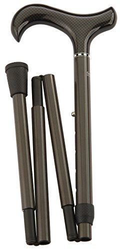 Gehstock Carbon Faltstock, eleganter Derbygriff aus Carbon mit Schmuckring, aufgesetzt auf einen Stock aus stabiler, leichter Carbonfaser in typischer Carbonoptik, höhenverstellbar, faltbar, inklusiv Schlankpuffer.