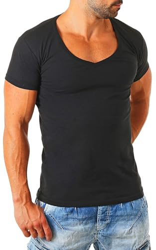 Young & Rich Herren Uni T-Shirt Basic mit extra tiefem V-Ausschnitt Slimfit deep V-Neck Stretch dehnbar 1315