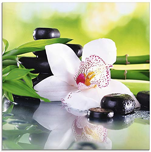 ARTland Wanddeko Glasbilder Wandbild Glas Bild einteilig 50x50 cm Quadratisch Asien Wellness Zen Spa Blumen Blüten Orchideen Pflanze Steine Bambus T9IQ