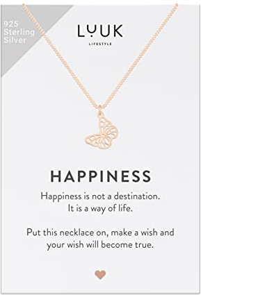 LUUK LIFESTYLE Halsband i 925 Sterling Silver med fjärilhänge och ett inspirerande HAPPINESS-kort, lyckoamulett, vänskapsgåva, damsmycken, rosé