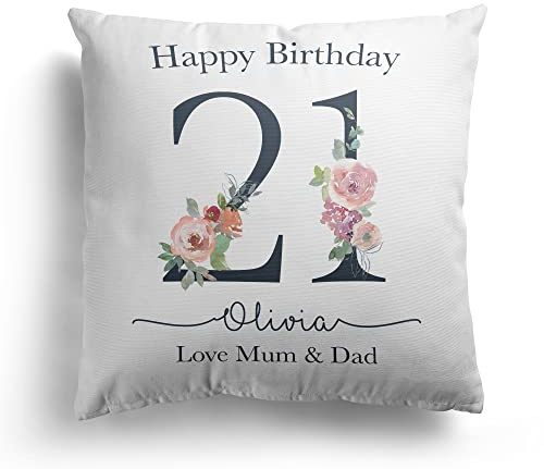 Personalised 21st Birthday Cushion Pillow Any Name Floral Cover And Inner Scatter Cushions Throw Pillows Gift For Her Ladies Girls Bedroom Happy Birthday Keepsake Decor (cover & inner)