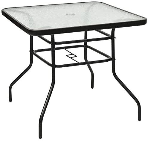 COSTWAY Garden Dining Table, Tempered Glass Top Coffee Tables with Parasol Hole, Metal Frame Patio Bistro End Side Table for Indoor Outdoor, Holds up to 80kg/50kg (Square, 80x80x72cm)