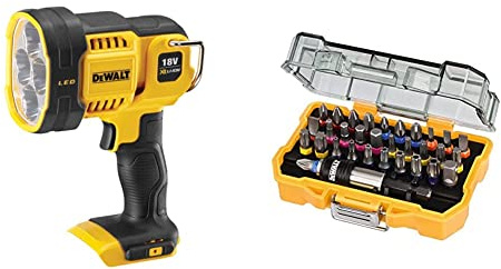 Dewalt DCL043-XJ XR Cordless LED Spotlight, 18V, 30cm x 20cm x 20cm, Black/Yellow & DT7969-QZ, 32 Piece XR Professional Magnetic Screwdriver Bit Accessory Set, Yellow
