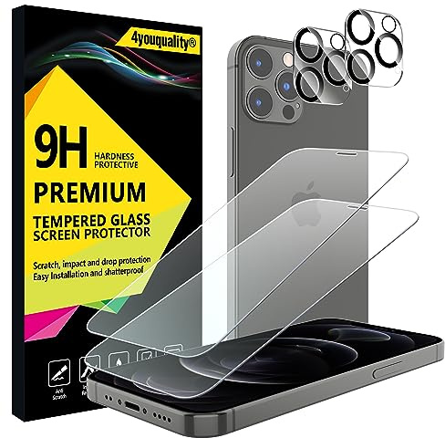 4youquality 4-in-1 for iPhone 12 Pro Screen & Camera Lens Protector | 2+2 Pack, Tempered Glass, 9H Hardness, Impact-Resistant, Anti-Scratch, Anti-Shatter, Ultra-Transparent